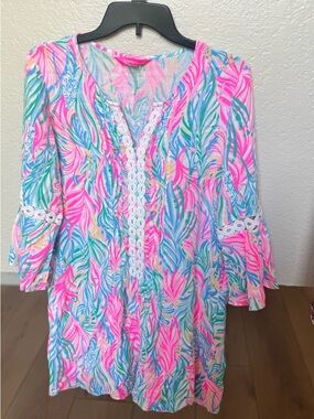 Lilly Pulitzer Pink, Blue & Green Tropical Tunic with Lace Trim